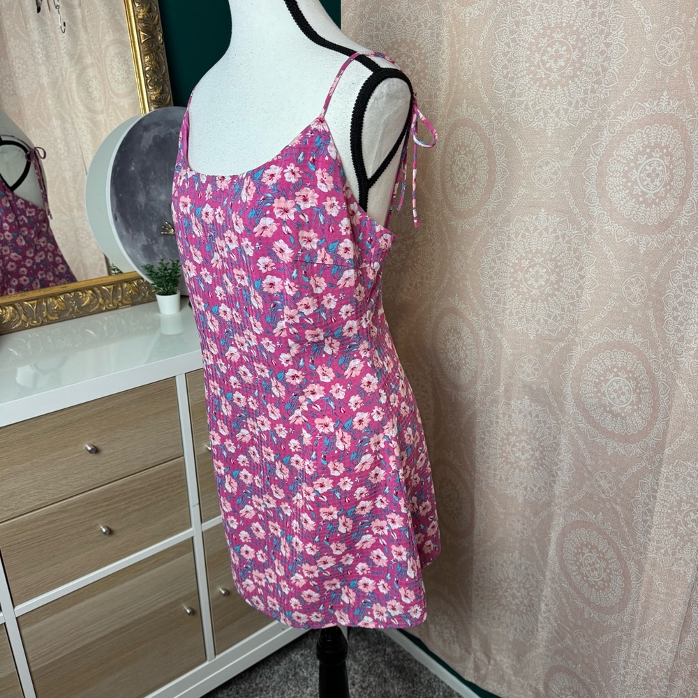 Nasty Gal NWT Pink Blue Floral Hibiscus Mini Dress Tie Straps Y2K Inspired Sz 8
